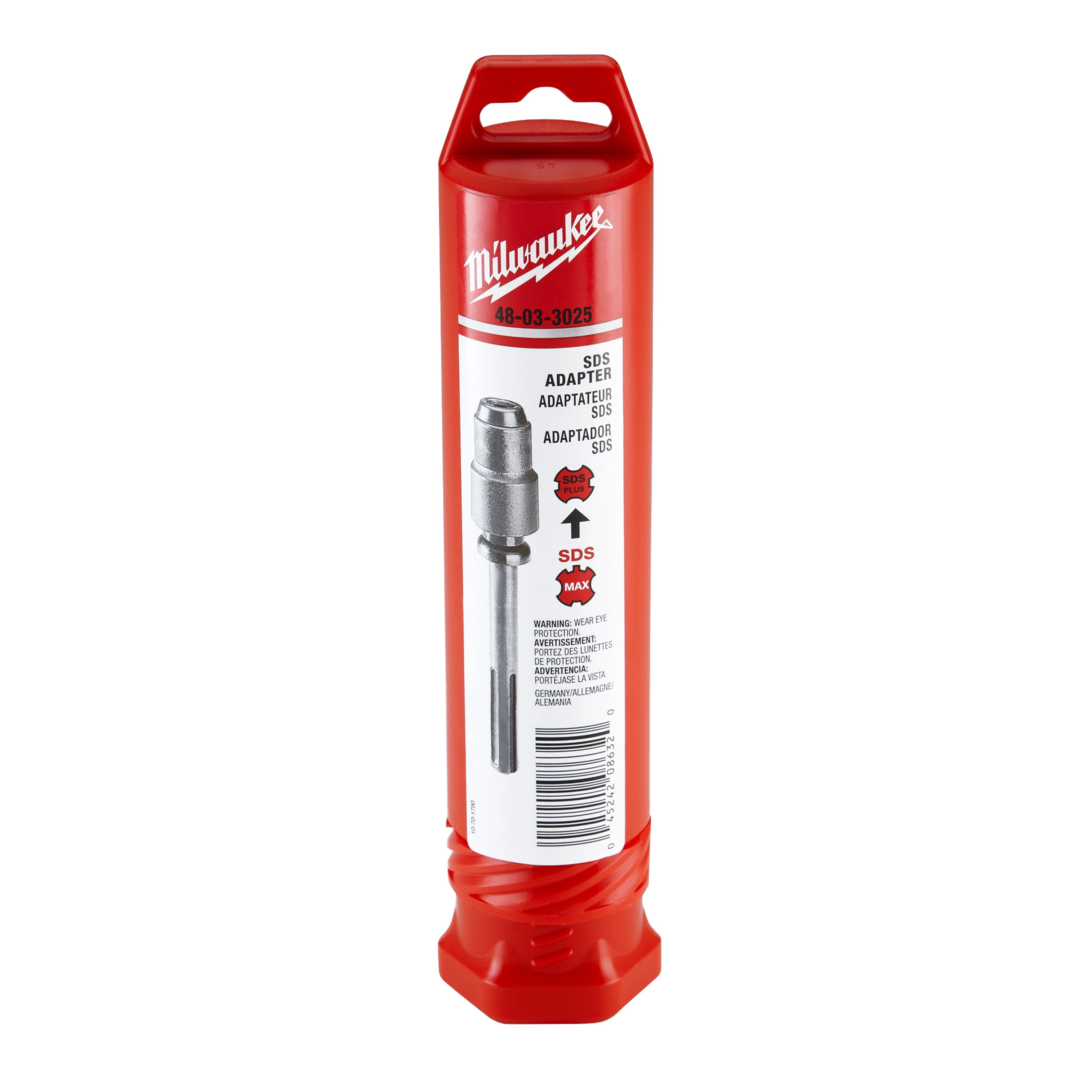 Milwaukee SDS Adapter in red packaging with part number 48-03-3025. The adapter is shown with a steel body and compatible design.