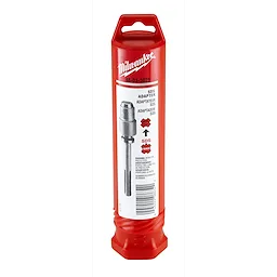 Milwaukee SDS Adapter in red packaging with part number 48-03-3025. The adapter is shown with a steel body and compatible design.