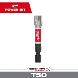 The image shows a SHOCKWAVE™ Impact Duty 2" T50 Impact Bit 1Pk by Milwaukee. The bit has a red and silver body with the Milwaukee logo, designed for impact duty tasks. The packaging highlights it is a 2" power bit.