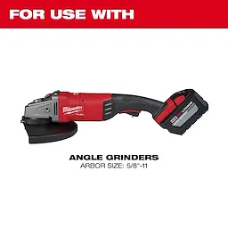 Red and black angle grinder with description "5/8"-11" Large Grinding Wheels For Use With" labeled for its 5/8"-11" arbor size.