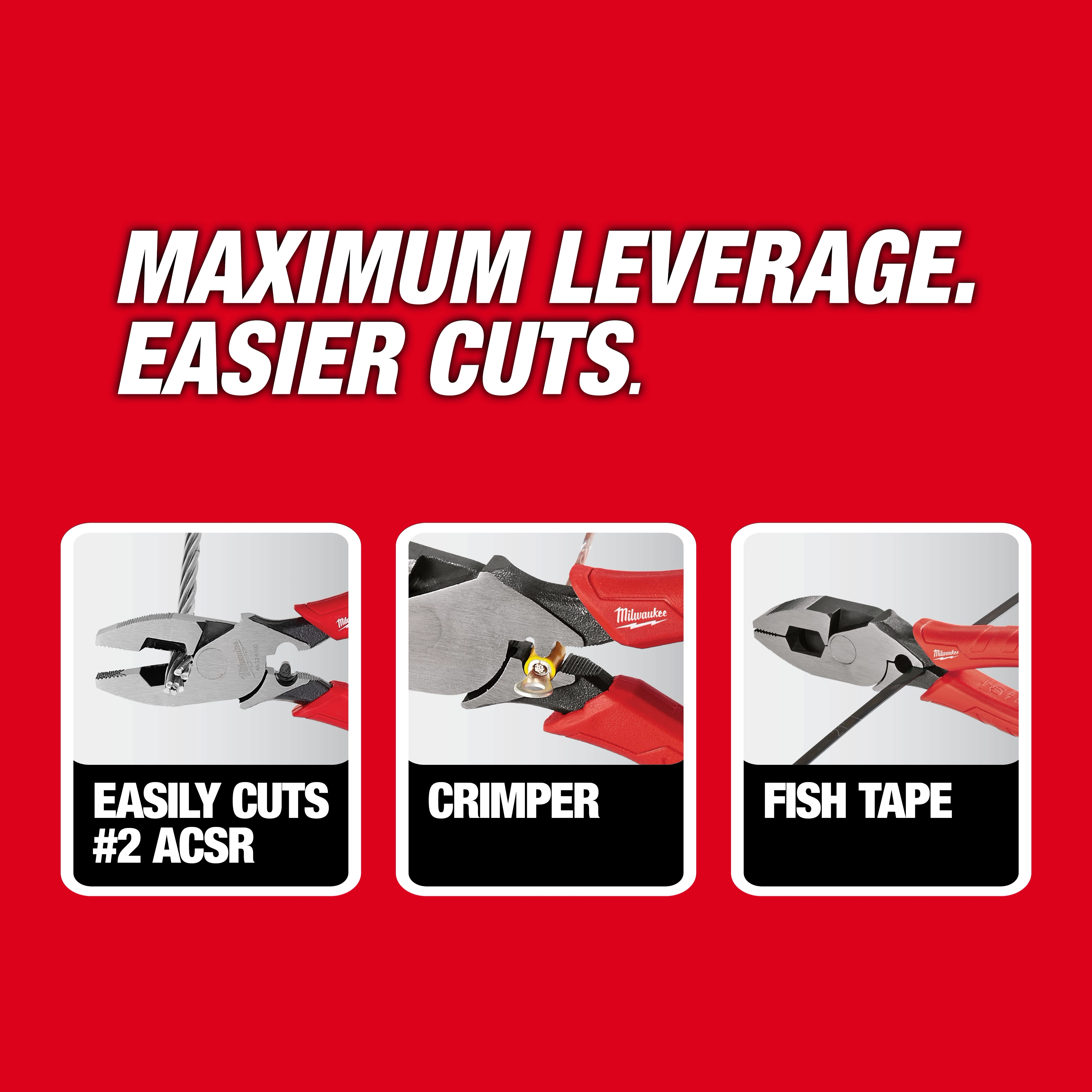 9" High Leverage Lineman's Pliers w/ Crimper cutting wire, crimping, and pulling fish tape under MAXIMUM LEVERAGE. EASIER CUTS.