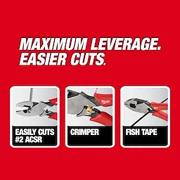9" High Leverage Lineman's Pliers w/ Crimper cutting wire, crimping, and pulling fish tape under MAXIMUM LEVERAGE. EASIER CUTS.