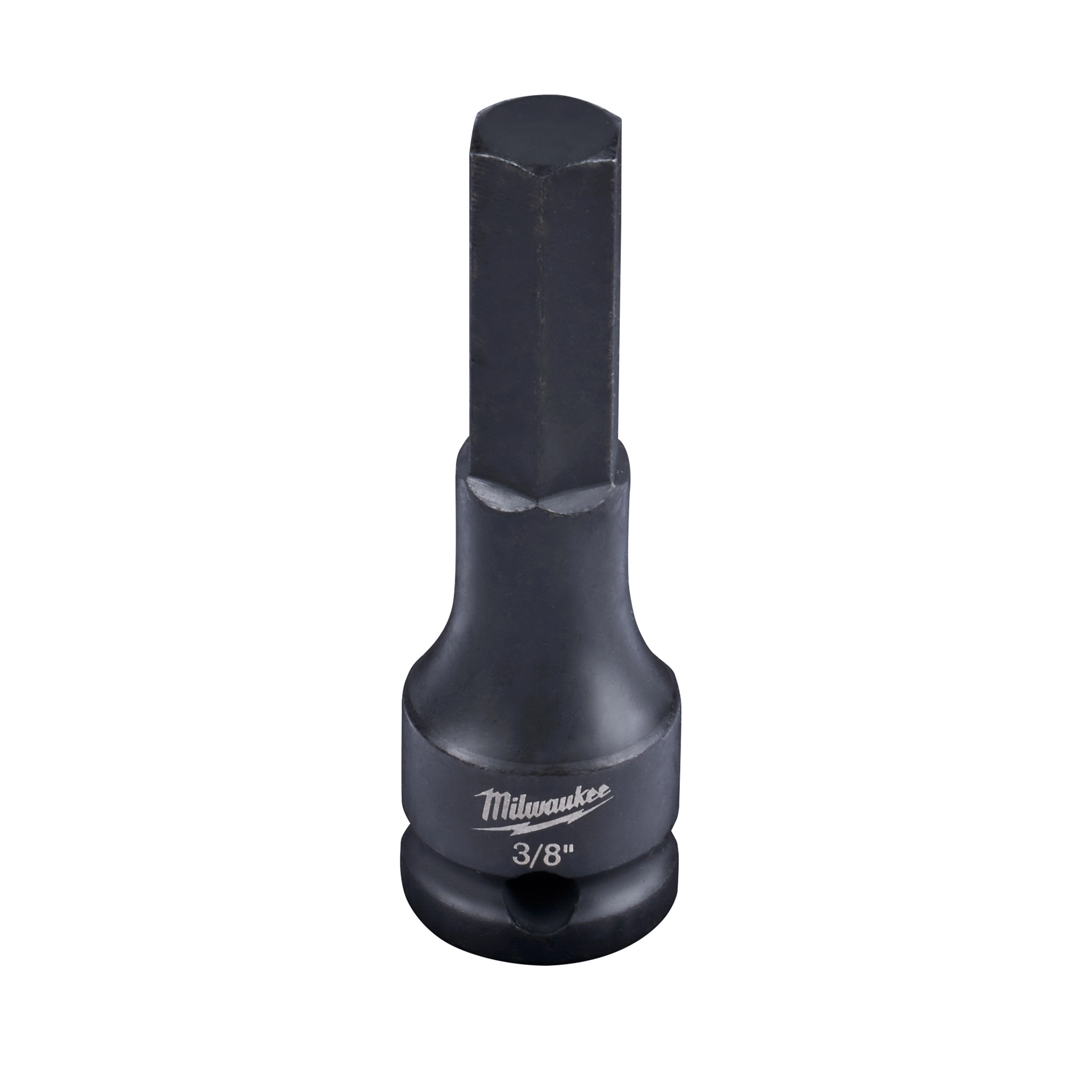 3/8" Drive 3/8" Hex Bit Socket by Milwaukee features a black finish and a durable hex bit for use with compatible drive tools. The product name is visibly marked on the socket's surface.
