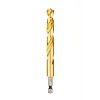 The Red Helix Titanium Impact Drill Bit is shown, featuring a golden titanium coating, a spiral design for efficient drilling, and a hexagonal shank for strong grip and compatibility with impact drivers.