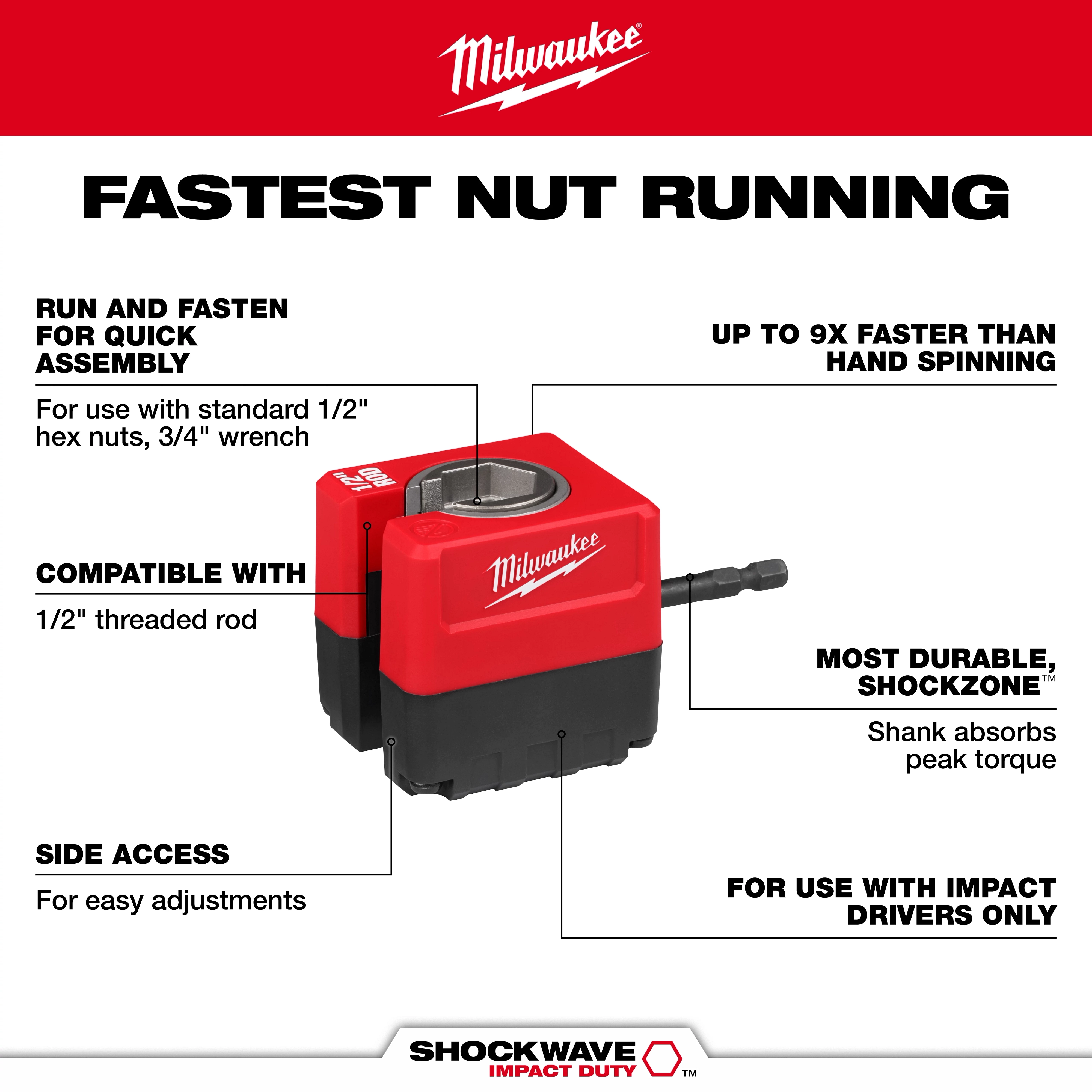 SHOCKWAVE Impact Duty 1/2" Threaded Rod Nut Runner tool with side labels on a white background.