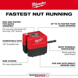 SHOCKWAVE Impact Duty 1/2" Threaded Rod Nut Runner tool with side labels on a white background.