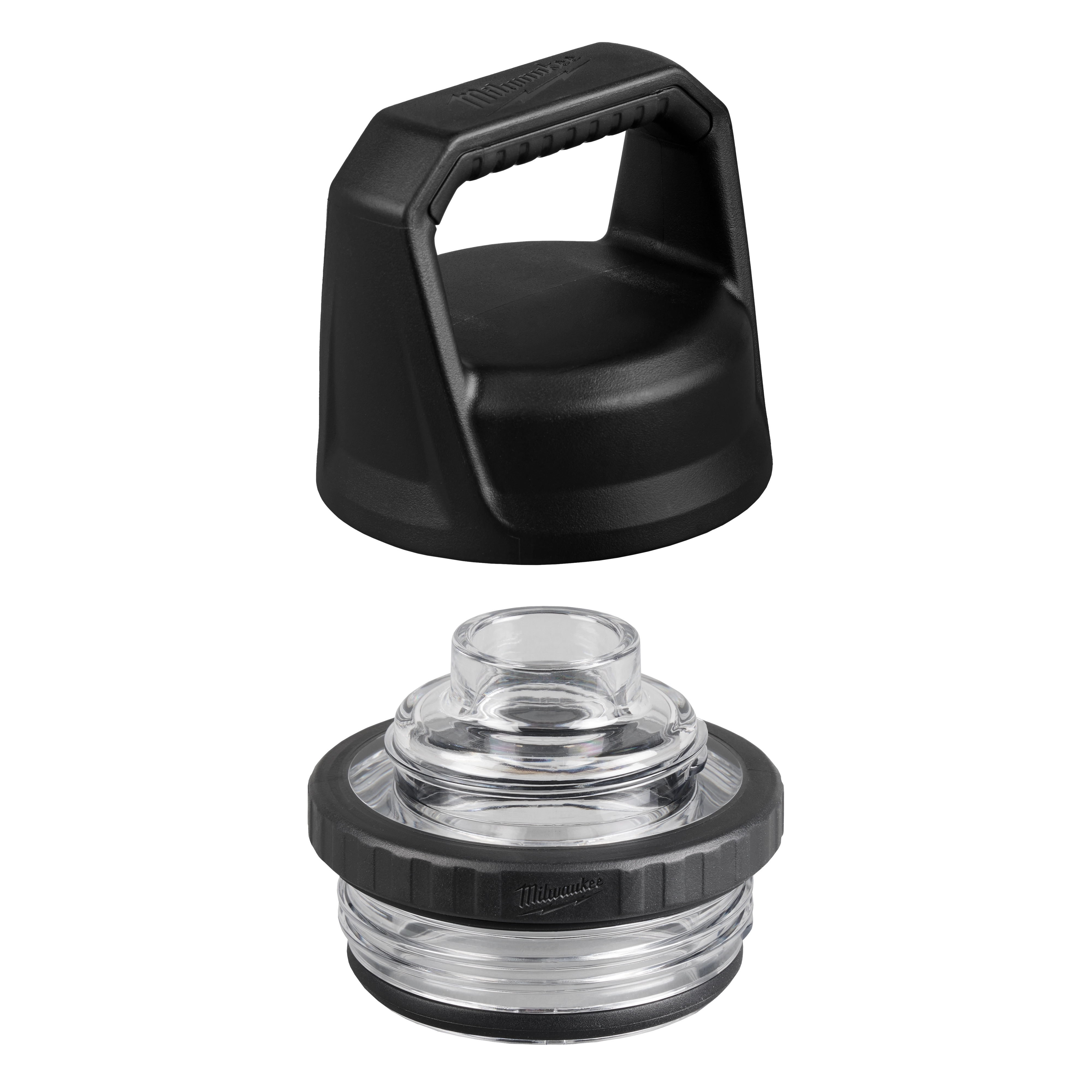 The PACKOUT Chug Lid consists of a black handle cap and a transparent chug spout with a black ring, designed for secure, easy drinking.