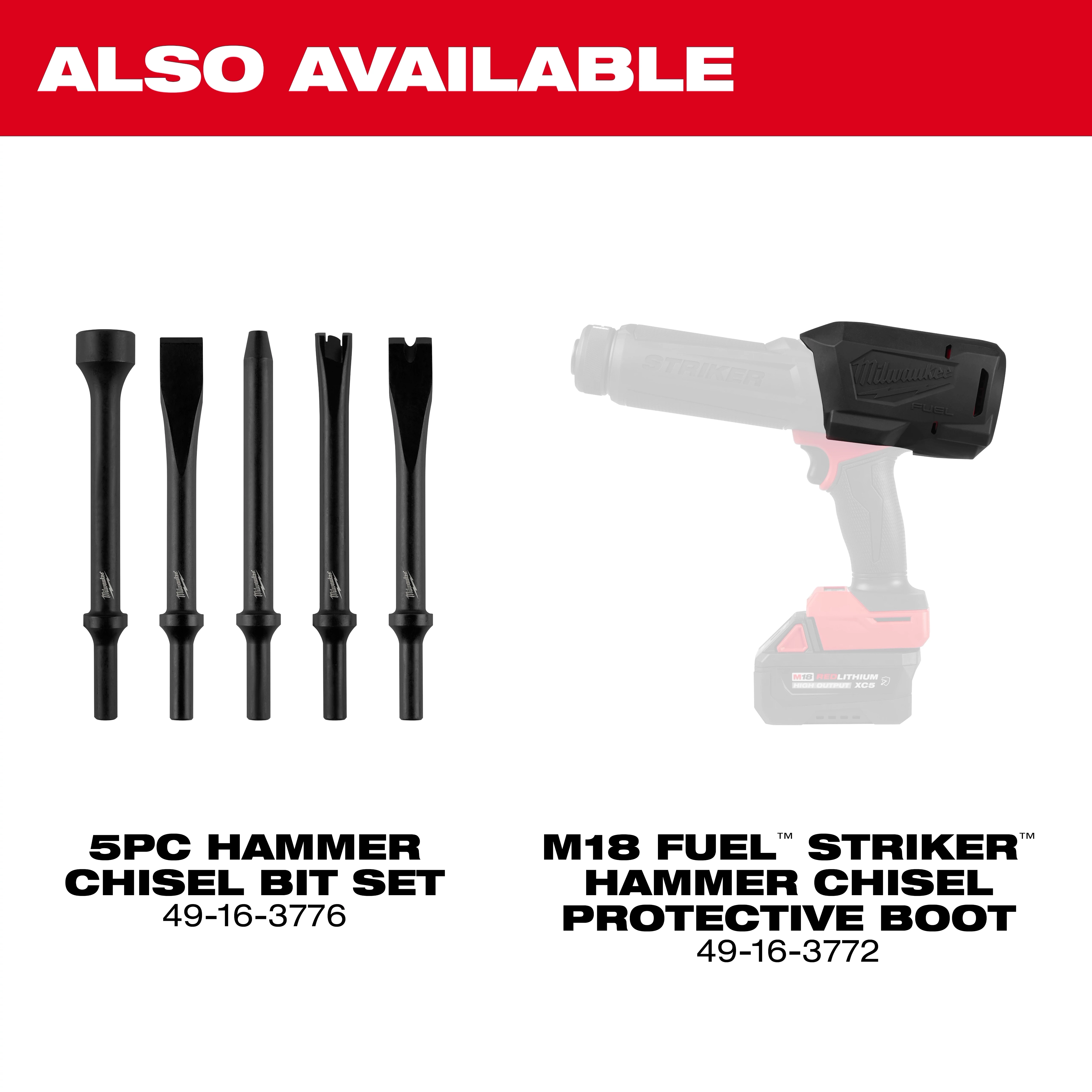 M18 FUEL STRIKER Hammer Chisel accessories including 5pc hammer chisel bit set and protective boot displayed on white background.