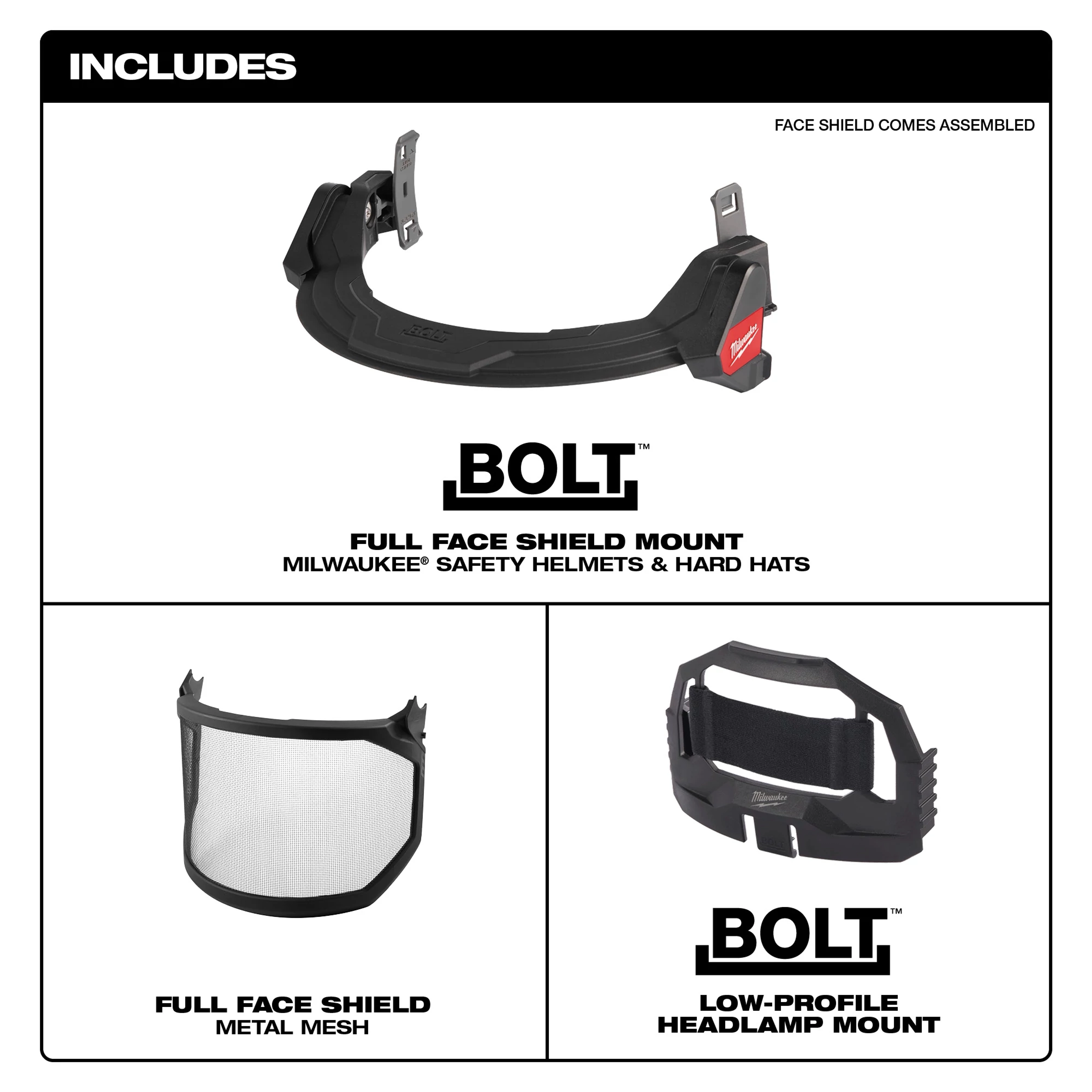 BOLT Full Face Shield - Metal Mesh includes a full face shield mount for helmets and hard hats, mesh shield, and low-profile headlamp mount.