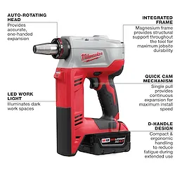 M18 ProPEX Expansion Tool Kit features an auto-rotating head, integrated frame, quick cam mechanism, D-handle design, and LED work light.