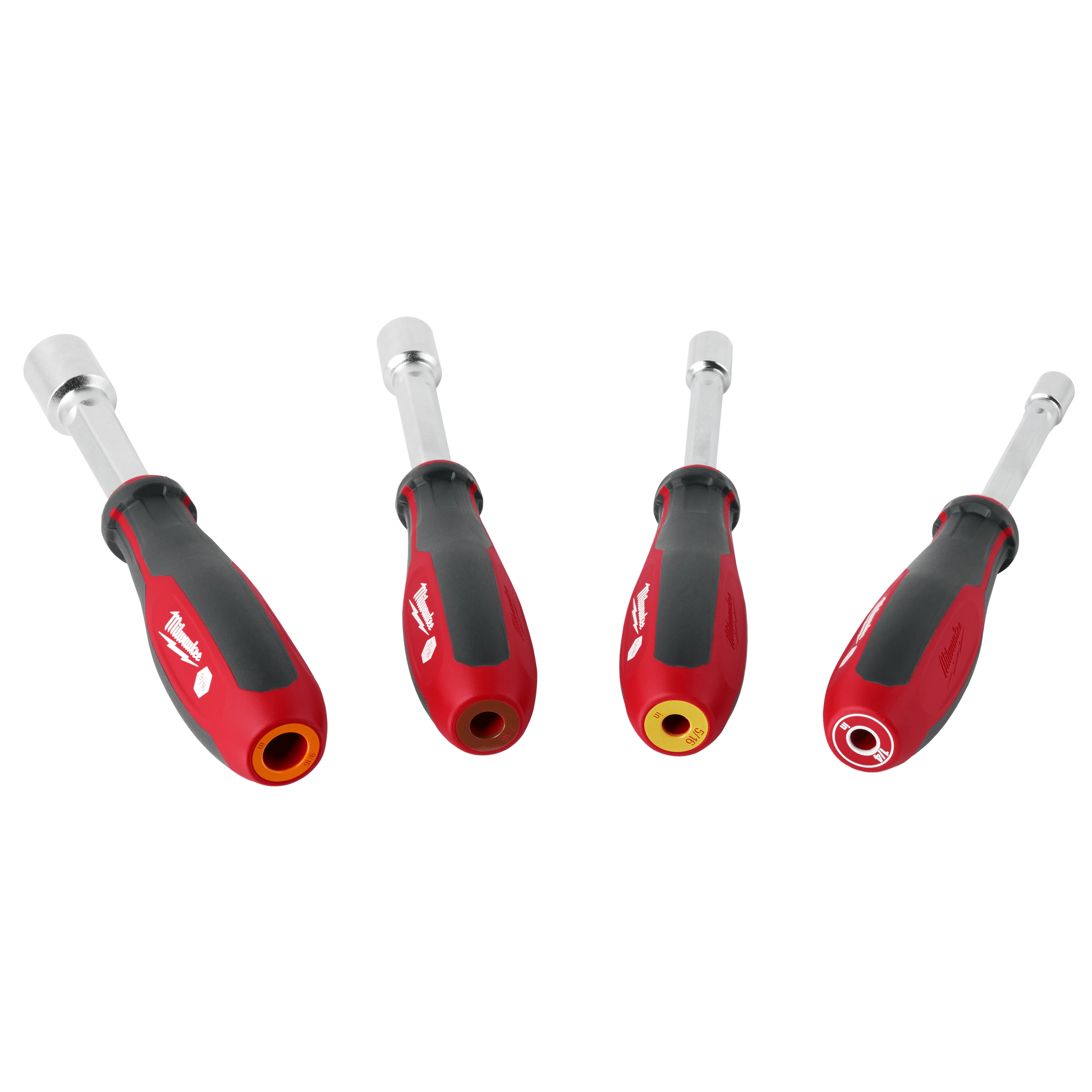 4pc SAE HollowCore Magnetic Nut Driver Set with ergonomic red and black handles and varying-colored cores for size differentiation.