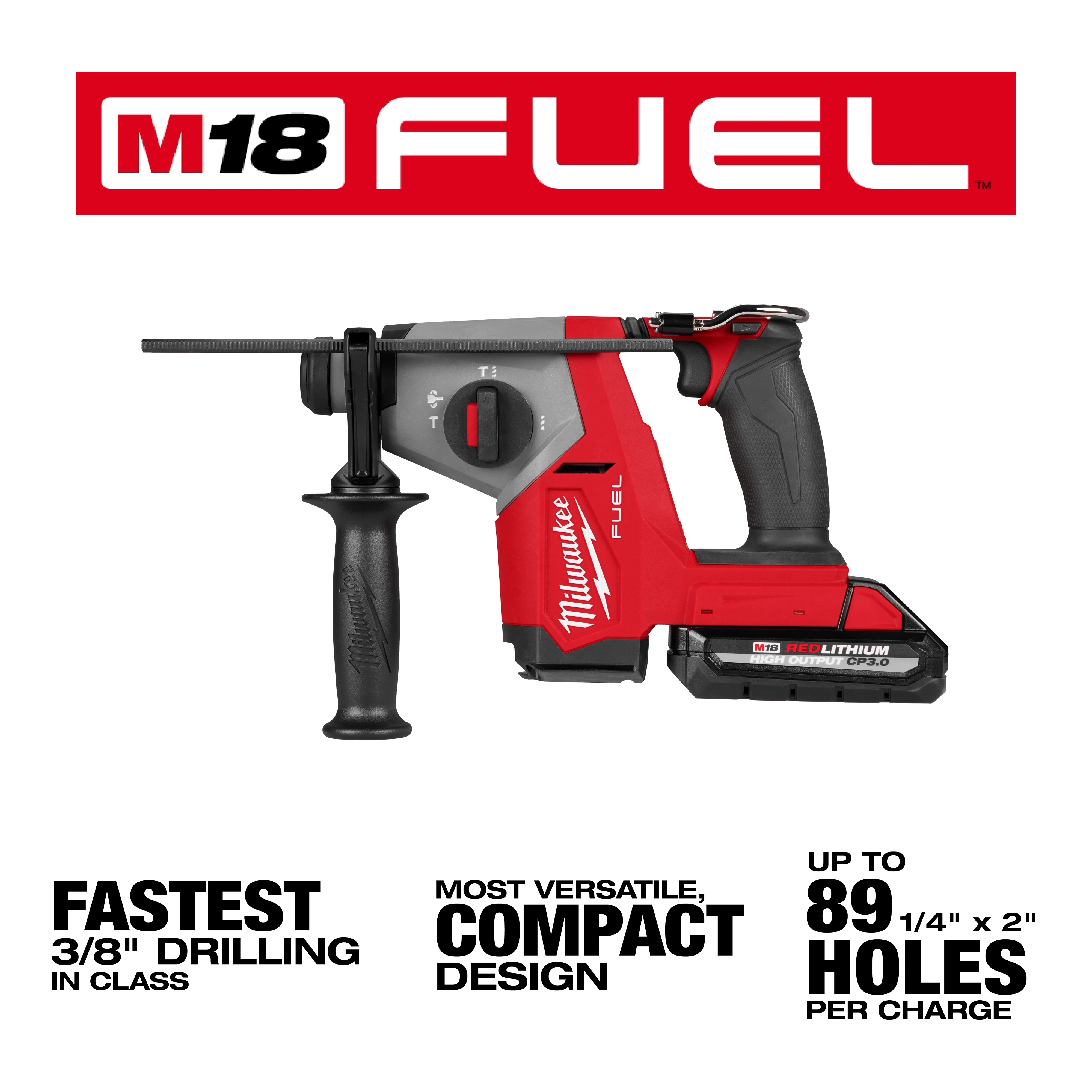 Image of the M18 FUEL™ 5/8" SDS Plus Rotary Hammer. The hammer features a sleek red and black design with a grip handle. Text highlights it as the fastest 3/8" drilling in class, a versatile compact design, and capable of drilling up to 89 holes per charge.