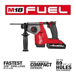 Image of the M18 FUEL™ 5/8" SDS Plus Rotary Hammer. The hammer features a sleek red and black design with a grip handle. Text highlights it as the fastest 3/8" drilling in class, a versatile compact design, and capable of drilling up to 89 holes per charge.