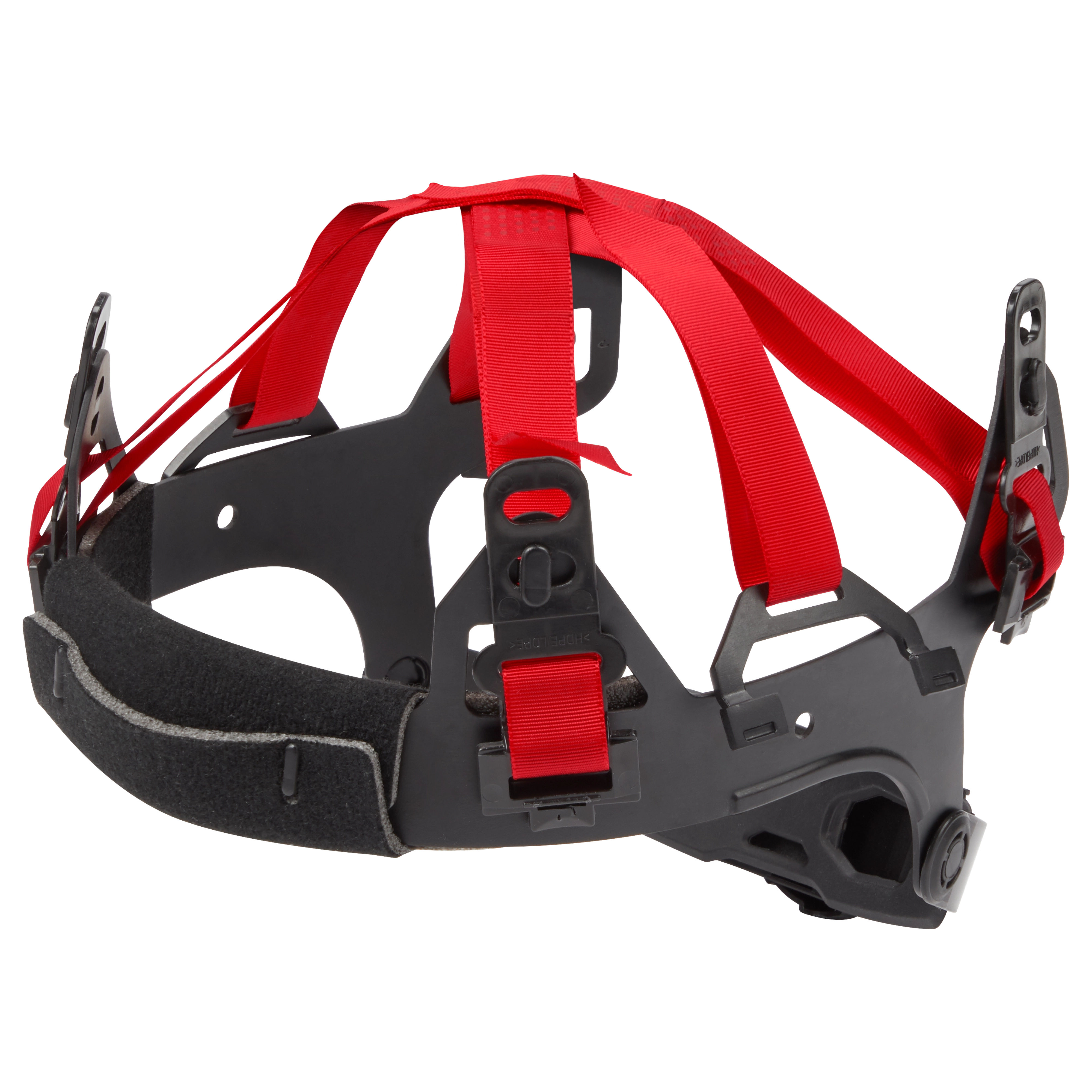 The 6-Point Ratcheting Suspension features a black and red adjustable framework designed to fit inside a hard hat, providing enhanced support and comfort. The product includes red straps and an adjustable ratchet for a secure fit.