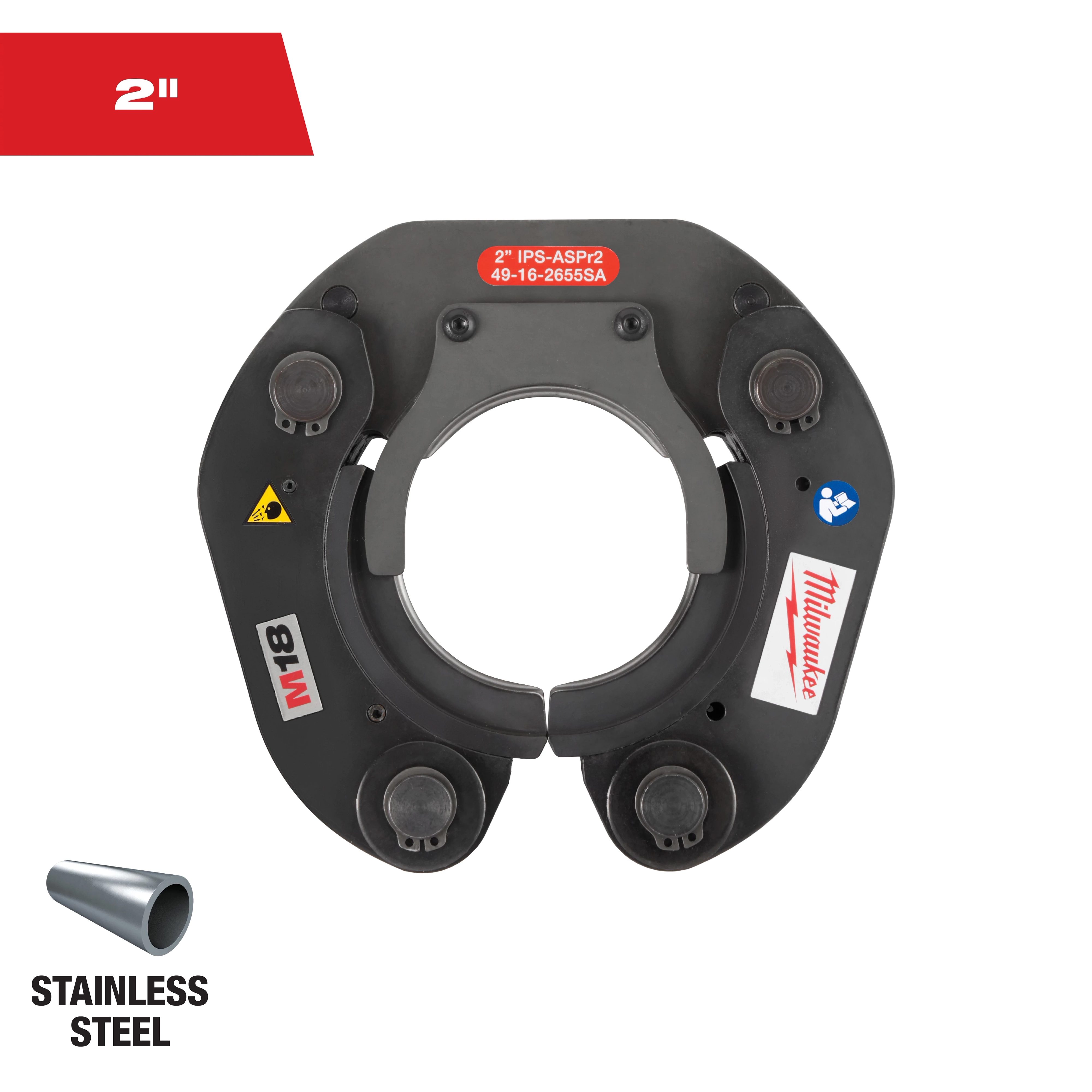2” IPS-ASP Press Ring for M18 FORCE LOGIC Long Throw Press Tool in black, marked with product name, stainless steel icon and branding.