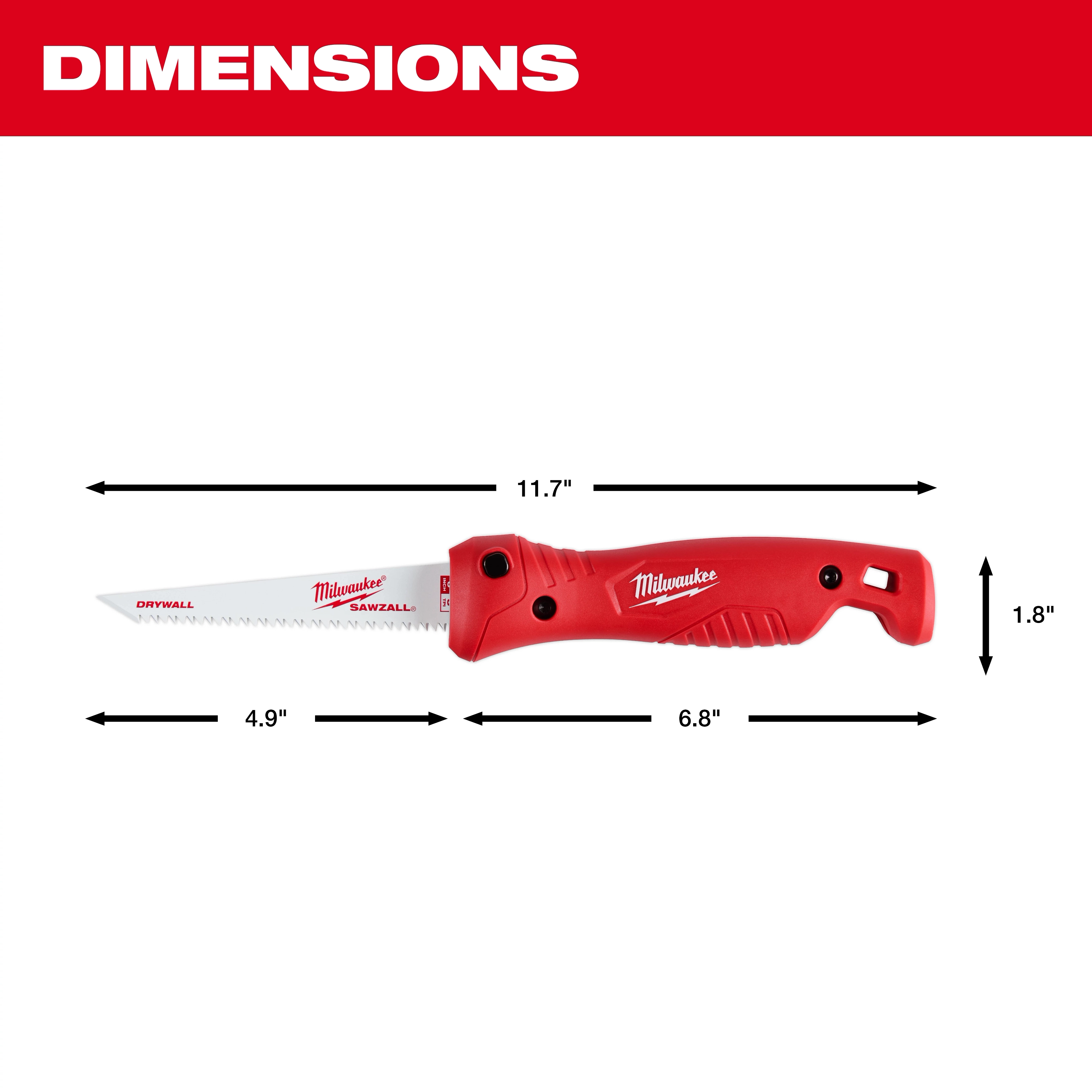 Folding Jab Saw with a total length of 11.7 inches. It has a 4.9-inch blade and a 6.8-inch handle, with a height of 1.8 inches.