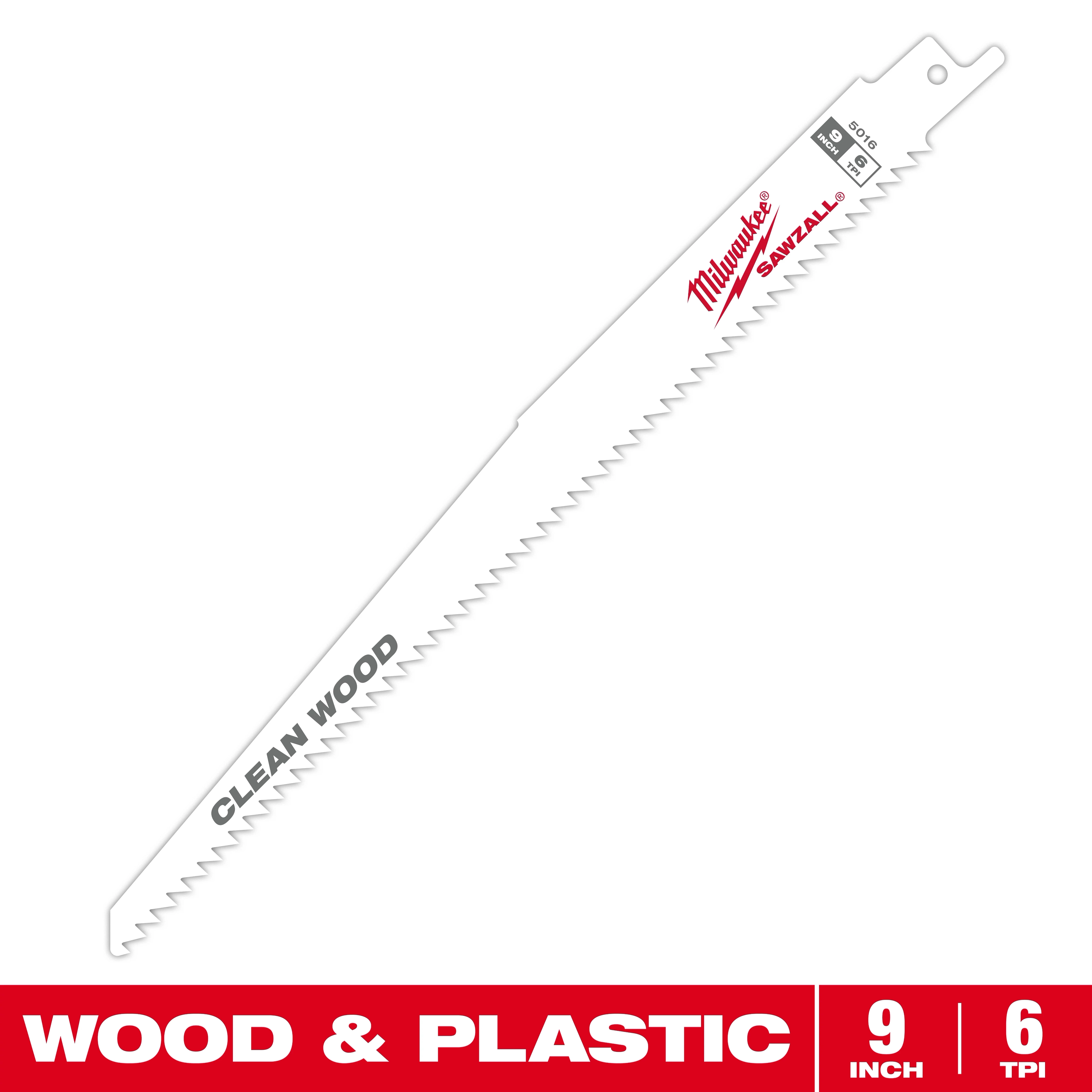 The Milwaukee SAWZALL blade is designed for clean wood cutting. It measures 9 inches in length with 6 teeth per inch (TPI). The blade is also suitable for cutting plastic materials.