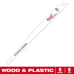 The Milwaukee SAWZALL blade is designed for clean wood cutting. It measures 9 inches in length with 6 teeth per inch (TPI). The blade is also suitable for cutting plastic materials.