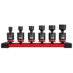 The 6PC SHOCKWAVE Impact Duty 1/4" Drive 6 Point SAE Standard Swivel Socket Set includes six black swivel sockets in sizes 1/4, 5/16, 3/8, 7/16, 1/2, and 9/16 inches, mounted on a red organizing rail. Each socket has a red band and clear labeling.