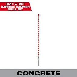 1/4 in. x 10 in. x 12 in. Carbide Hammer Drill Bit for concrete with a red and silver spiral design, isolated on a white background.