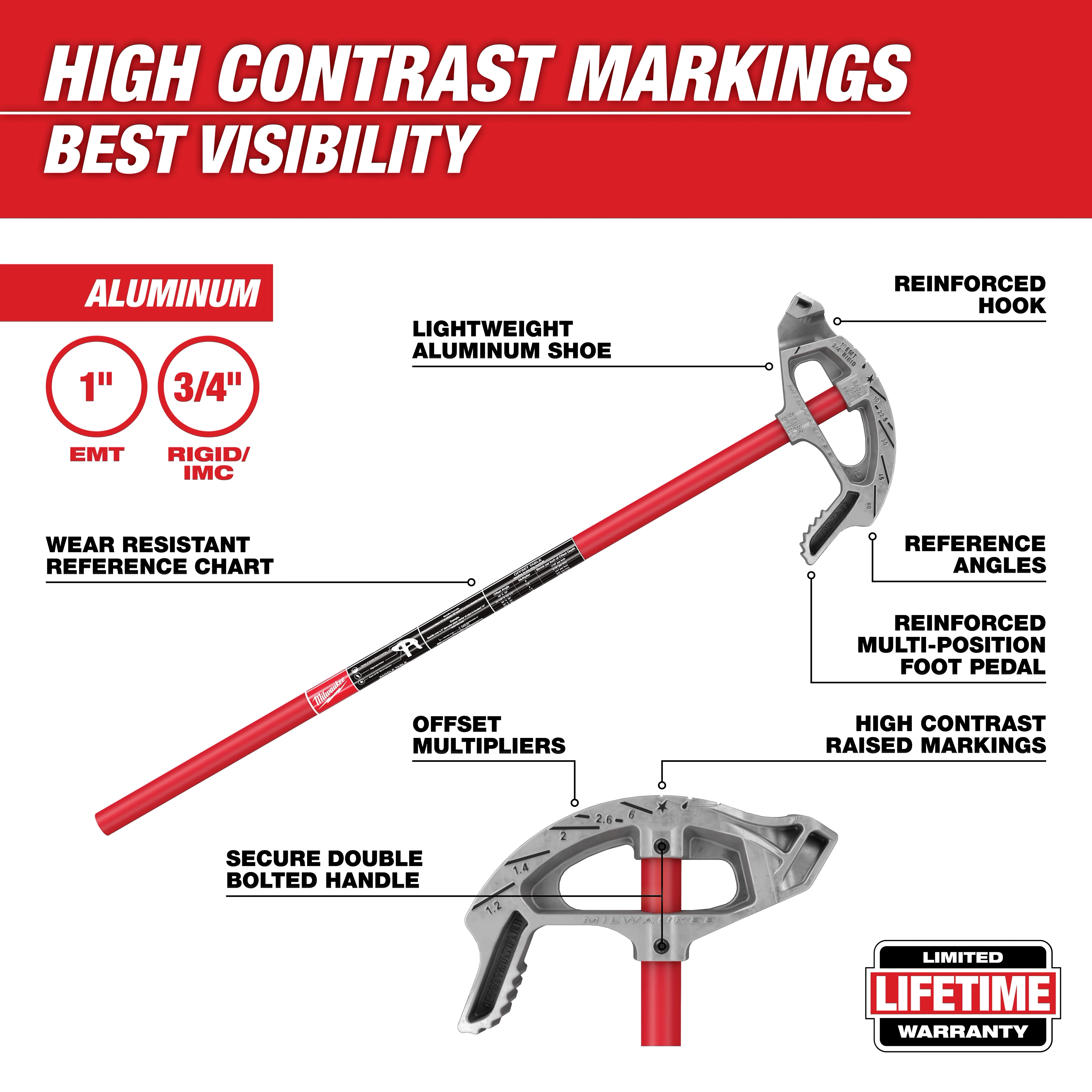 1" Aluminum Conduit Bender Walkaround with high contrast markings, reinforced hook, multi-position foot pedal, and secure double bolted handle.