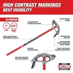 1" Aluminum Conduit Bender Walkaround with high contrast markings, reinforced hook, multi-position foot pedal, and secure double bolted handle.