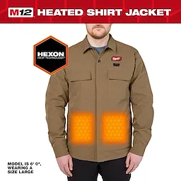 M12 Shirt Jacket - Khaki S-2X shown on a standing model with glowing heated panels on the lower front.