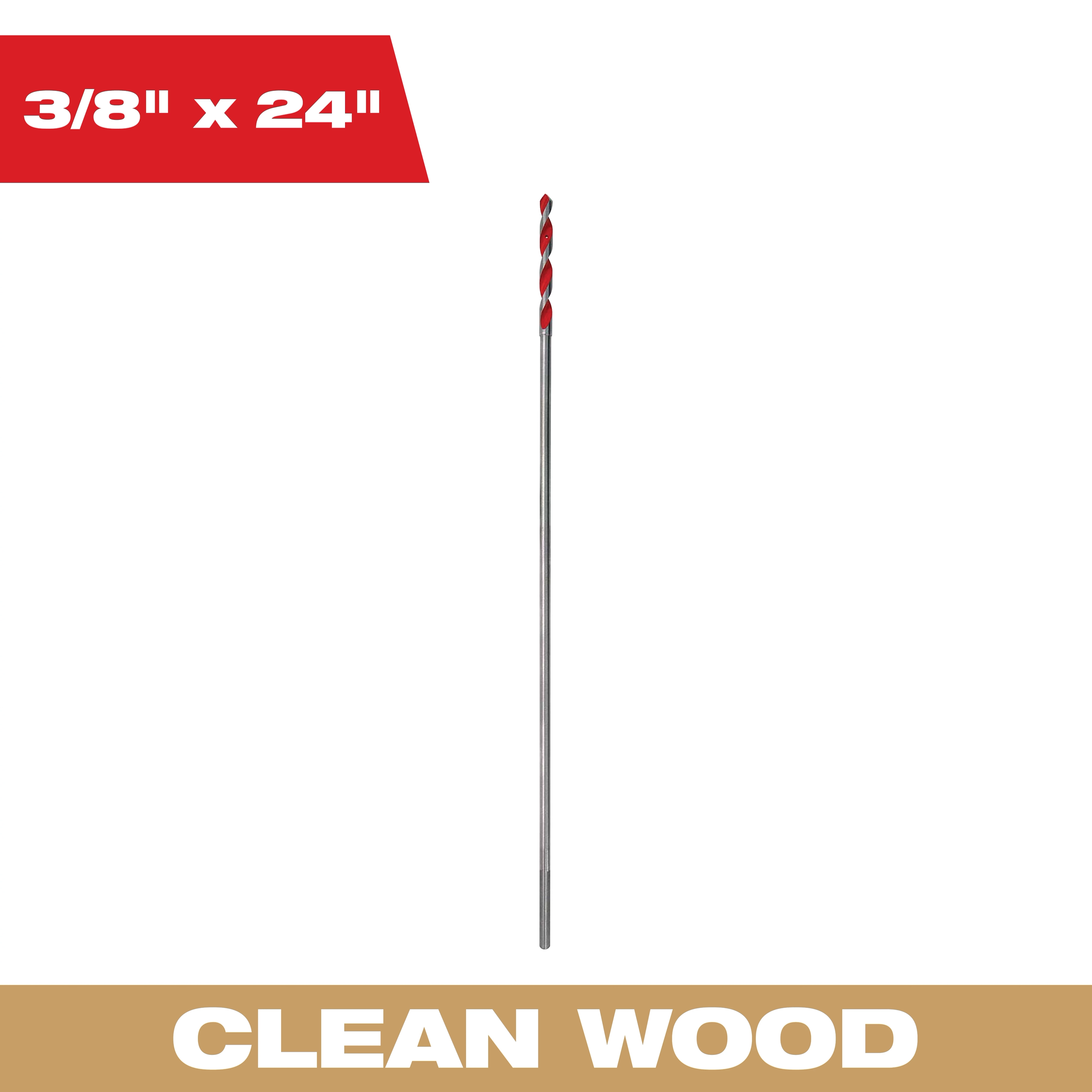 Clean Wood features a 3/8 inch by 24 inch drill bit, designed for precise wood drilling. The bit is long and slim with a silver shaft and red, spiral flutes at the tip.