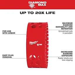 Milwaukee 4-1/4" Diamond Max Hole Saw has a red cylinder design, labeled sections for arbor use, easy plug removal, and diamond durability.