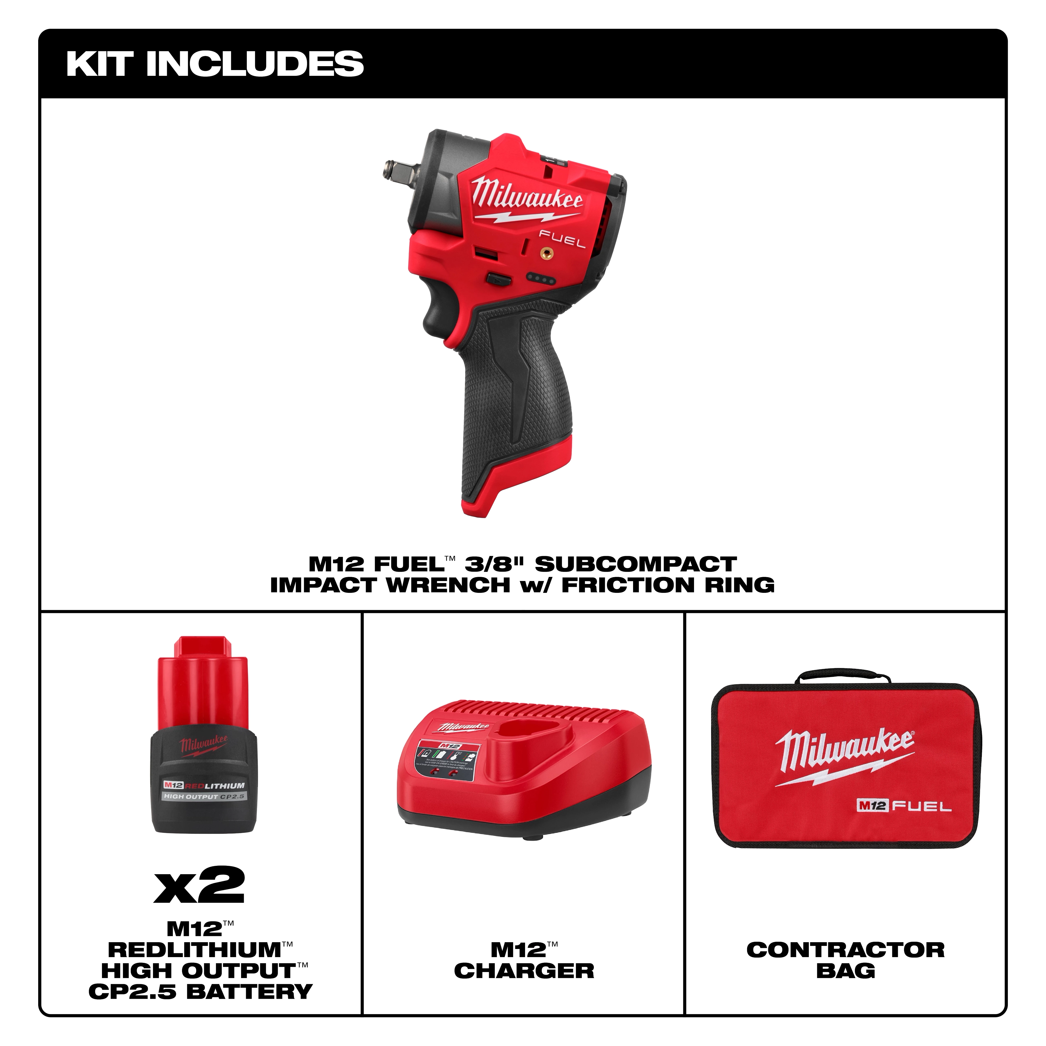 The image shows the M12 FUEL™ 3/8" Subcompact Impact Wrench with Friction Ring kit, including two M12 REDLITHIUM™ High Output™ CP2.5 batteries, an M12 charger, and a red Milwaukee contractor bag. The wrench and charger are red and black.