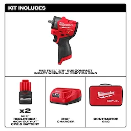 The image shows the M12 FUEL™ 3/8" Subcompact Impact Wrench with Friction Ring kit, including two M12 REDLITHIUM™ High Output™ CP2.5 batteries, an M12 charger, and a red Milwaukee contractor bag. The wrench and charger are red and black.