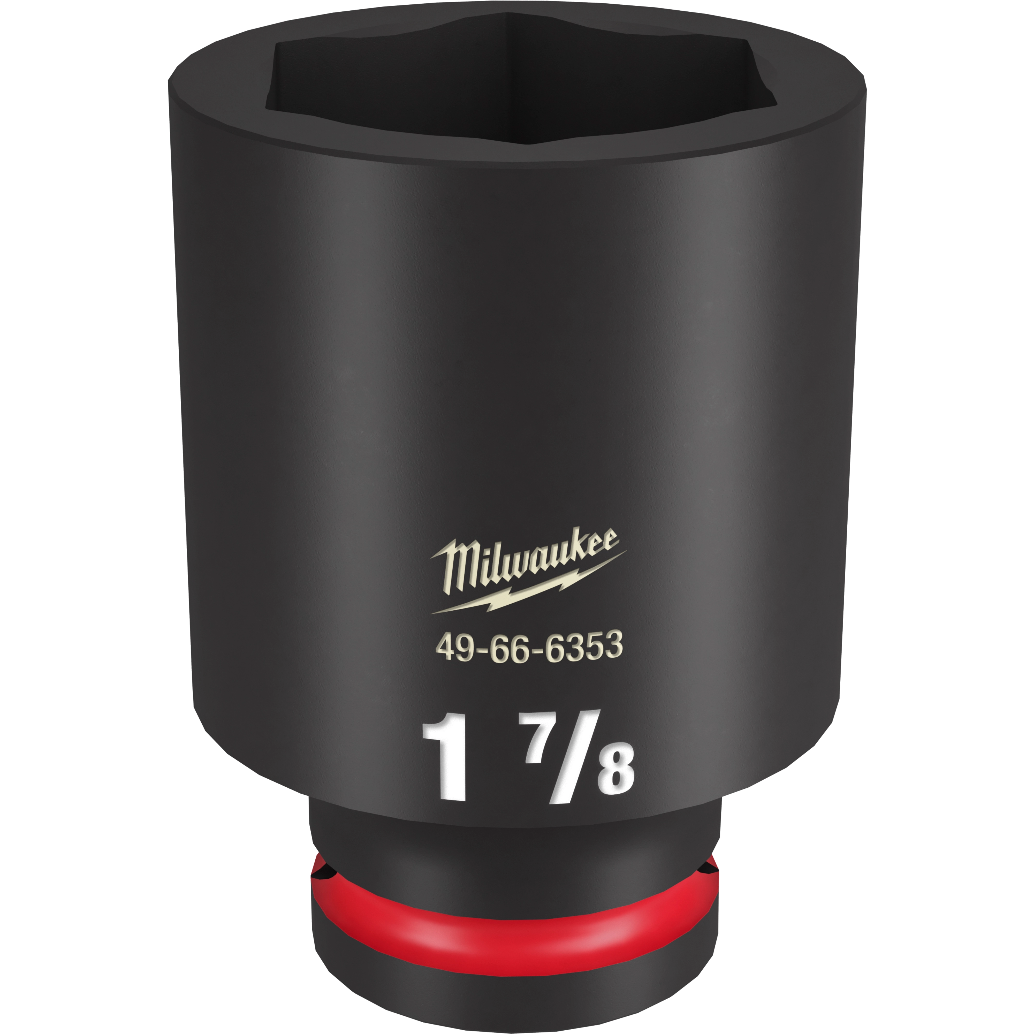 The image features a black 3/4 DR 1-7/8 DEEP IMPACT SOCKET. It has a red ring near its base and white imprint of the size “1 7/8” on one side along with the brand name and product number "49-66-6353."