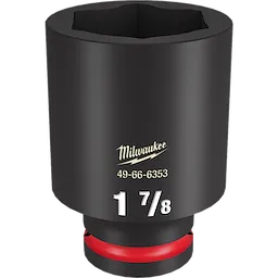 The image features a black 3/4 DR 1-7/8 DEEP IMPACT SOCKET. It has a red ring near its base and white imprint of the size “1 7/8” on one side along with the brand name and product number "49-66-6353."