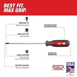 3/16" Cabinet 6" Cushion Grip Screwdriver (USA) with anti-slip tip, precise fit, visible ID markings, narrow tip, and tether-ready hole.