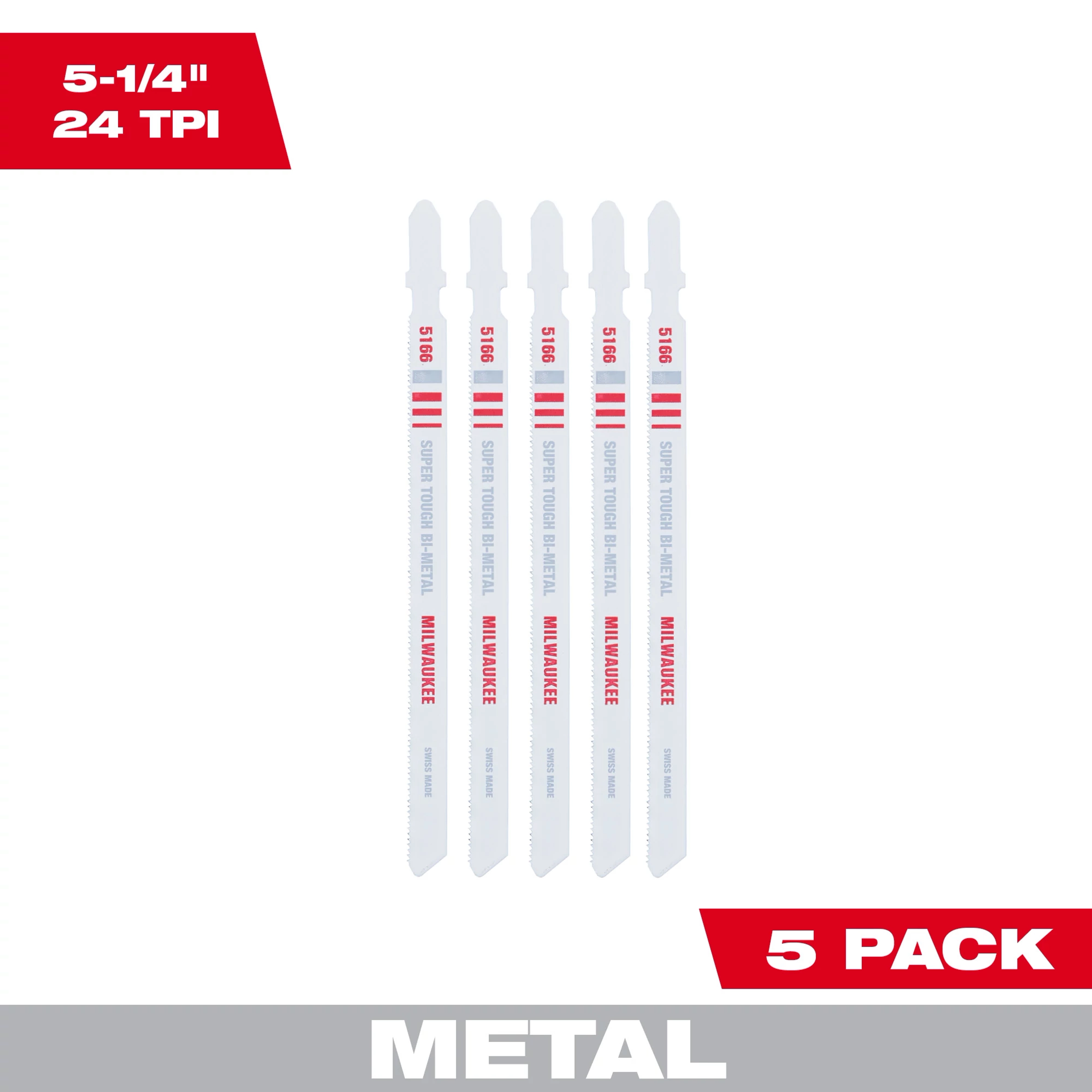 5-1/4" 24TPI T-Shank Metal Cutting Bi-Metal Jig Saw Blades 5PK, set of five white blades with red lettering, displayed vertically.
