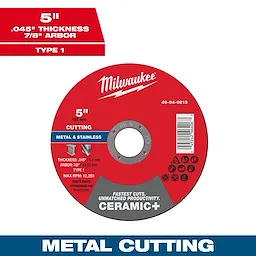 Red 5" x .045" x 7/8" Ceramic+ Metal Cut Off Wheel for cutting metal and stainless steel, Type 1, with a maximum RPM of 12,250.