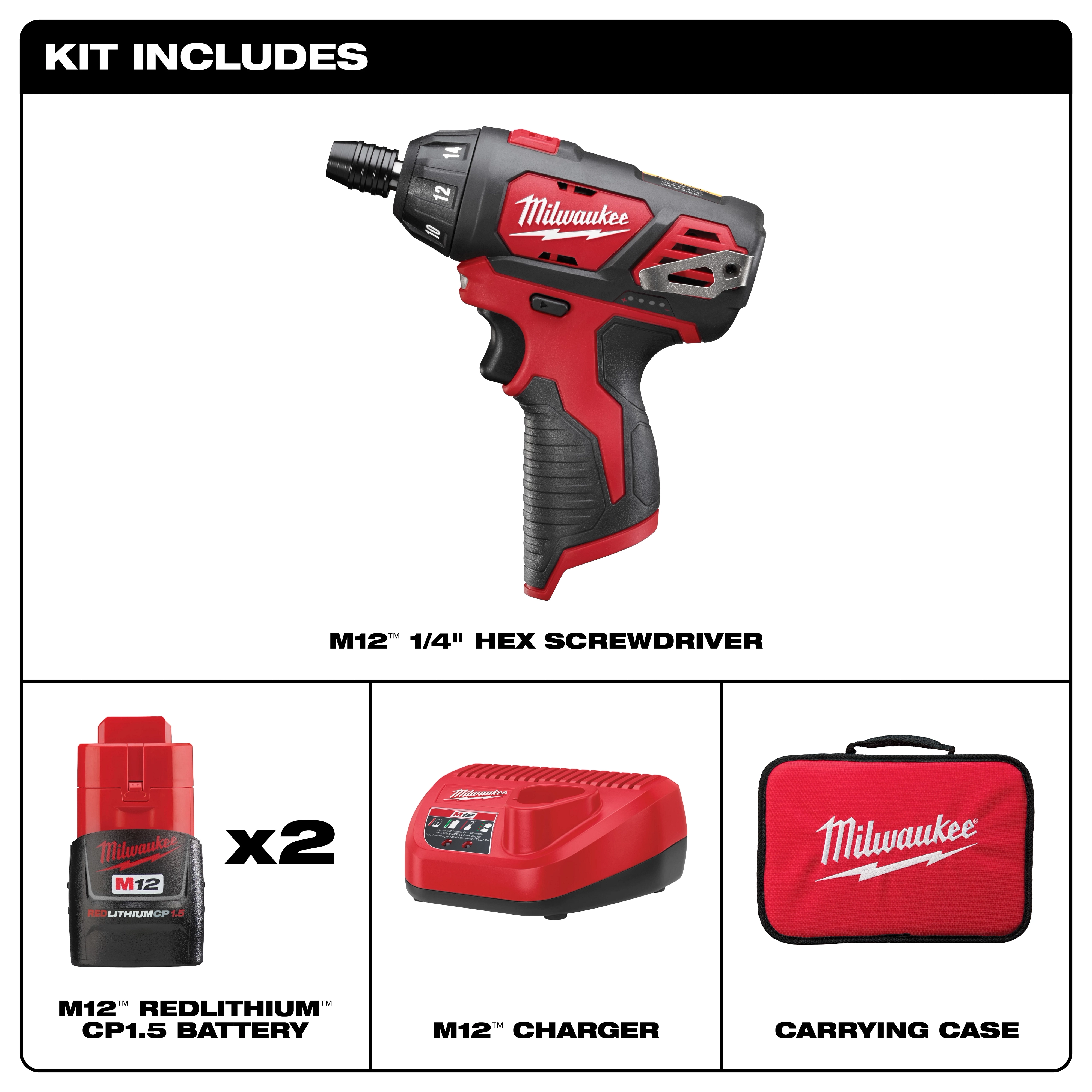 Milwaukee M12 1/4" Hex Screwdriver Kit includes two M12 Redlithium CP1.5 batteries, an M12 charger, and a carrying case.