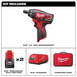 Milwaukee M12 1/4" Hex Screwdriver Kit includes two M12 Redlithium CP1.5 batteries, an M12 charger, and a carrying case.