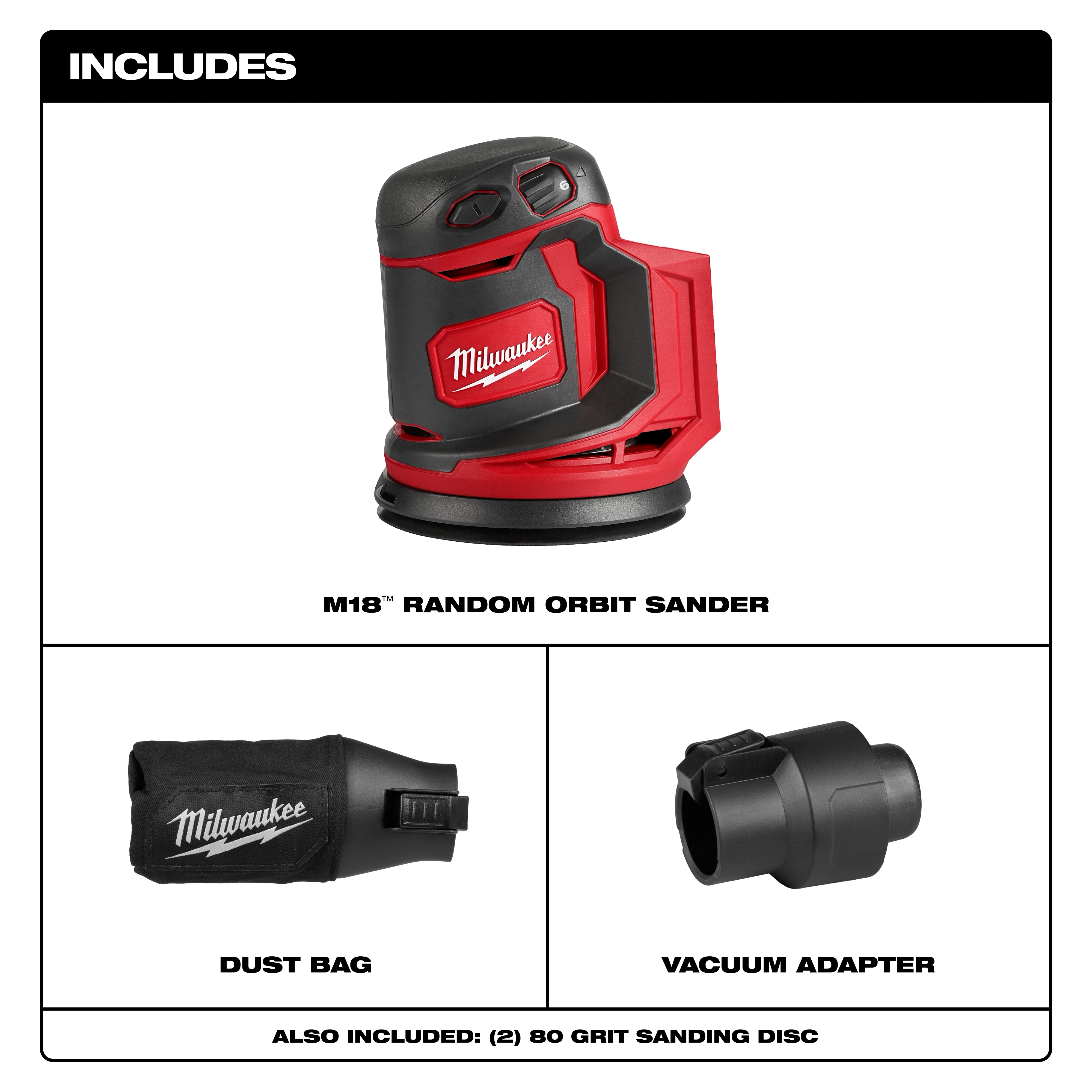 Milwaukee M18 Random Orbit Sander package includes the sander, a dust bag, a vacuum adapter, and two 80 grit sanding discs.