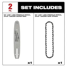 10" 3/8", .043" gauge saw chain and guide bar set includes a guide bar and saw chain, each in low profile pitch.