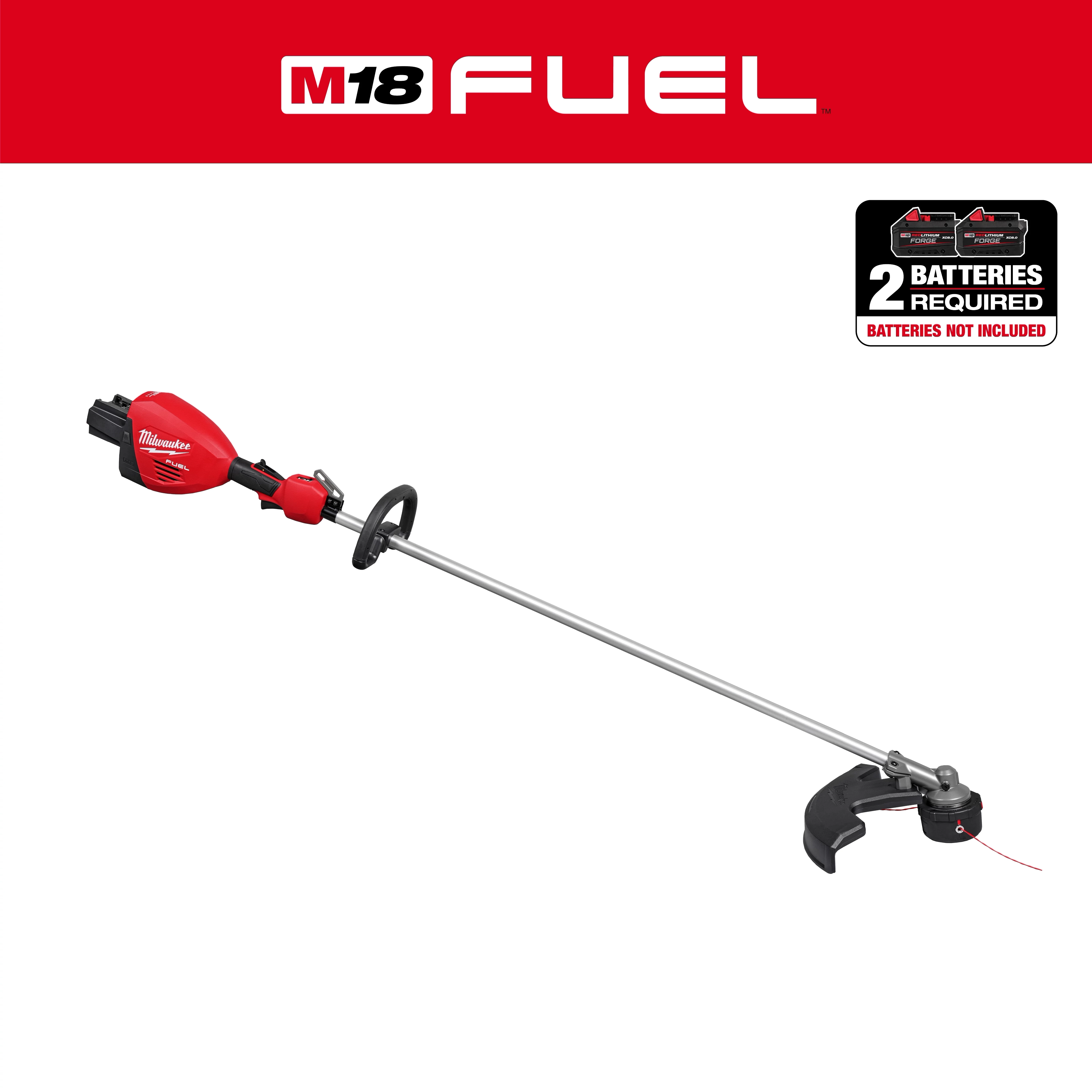 The M18 FUEL 17” Dual Battery String Trimmer is displayed with a red motor housing, a long shaft, and a black trimming head. Batteries are not included.