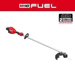 The M18 FUEL 17” Dual Battery String Trimmer is displayed with a red motor housing, a long shaft, and a black trimming head. Batteries are not included.