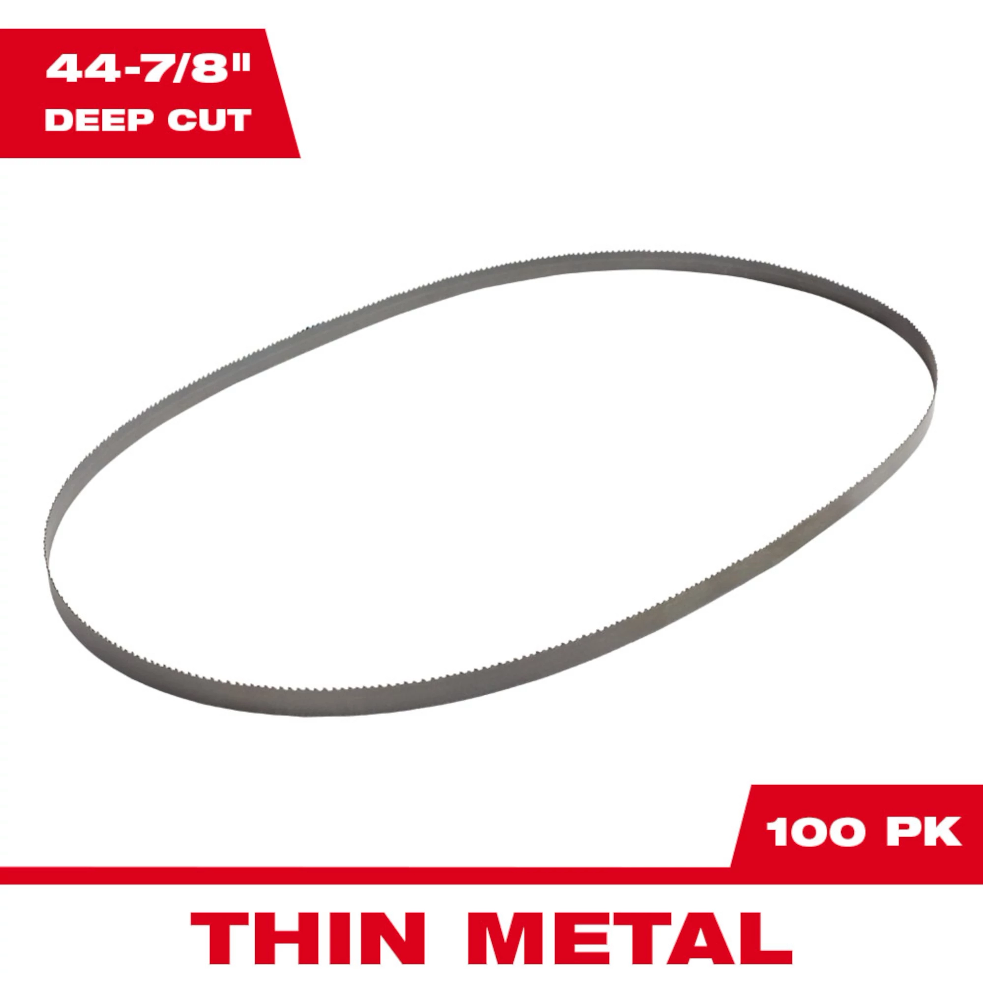 Band Saw Blade Main Image showing a 44-7/8" deep cut blade for thin metal, packaged in a quantity of 100.