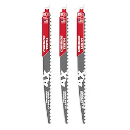 The image shows a 3-pack of 12" 3 TPI The AX™ with Carbide Teeth for Pruning & Clean Wood SAWZALL® Blades. The blades feature a red and silver design with prominent "AX" and "CARBIDE TEETH" labels.