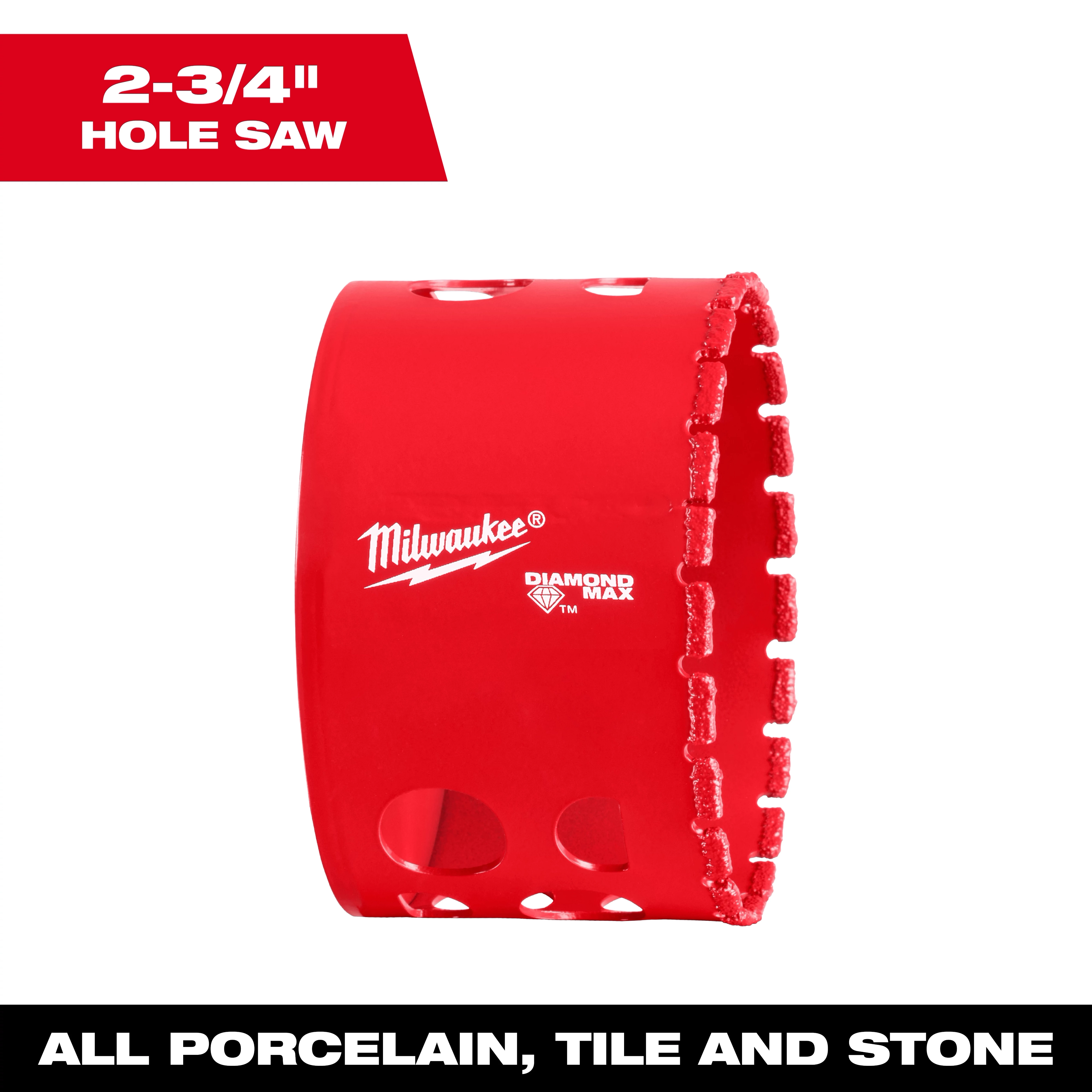 Milwaukee 2-3/4" Diamond Max Hole Saw. Red cylindrical tool with diamond edges, designed for cutting porcelain, tile, and stone.