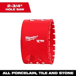 Milwaukee 2-3/4" Diamond Max Hole Saw. Red cylindrical tool with diamond edges, designed for cutting porcelain, tile, and stone.