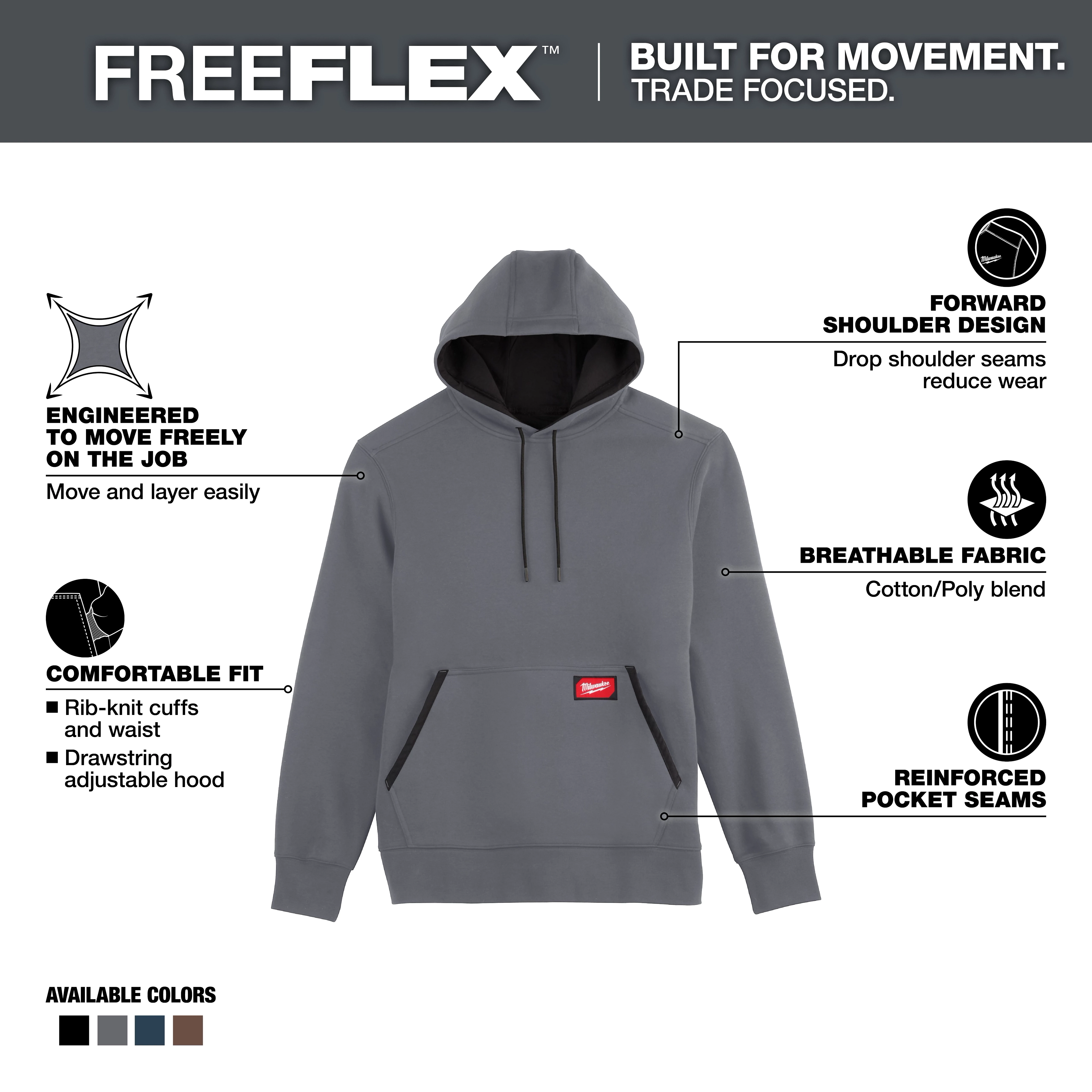Grey Midweight Pullover Hoodie featuring rib-knit cuffs, drawstring hood, breathable cotton/poly fabric, and reinforced pocket seams.