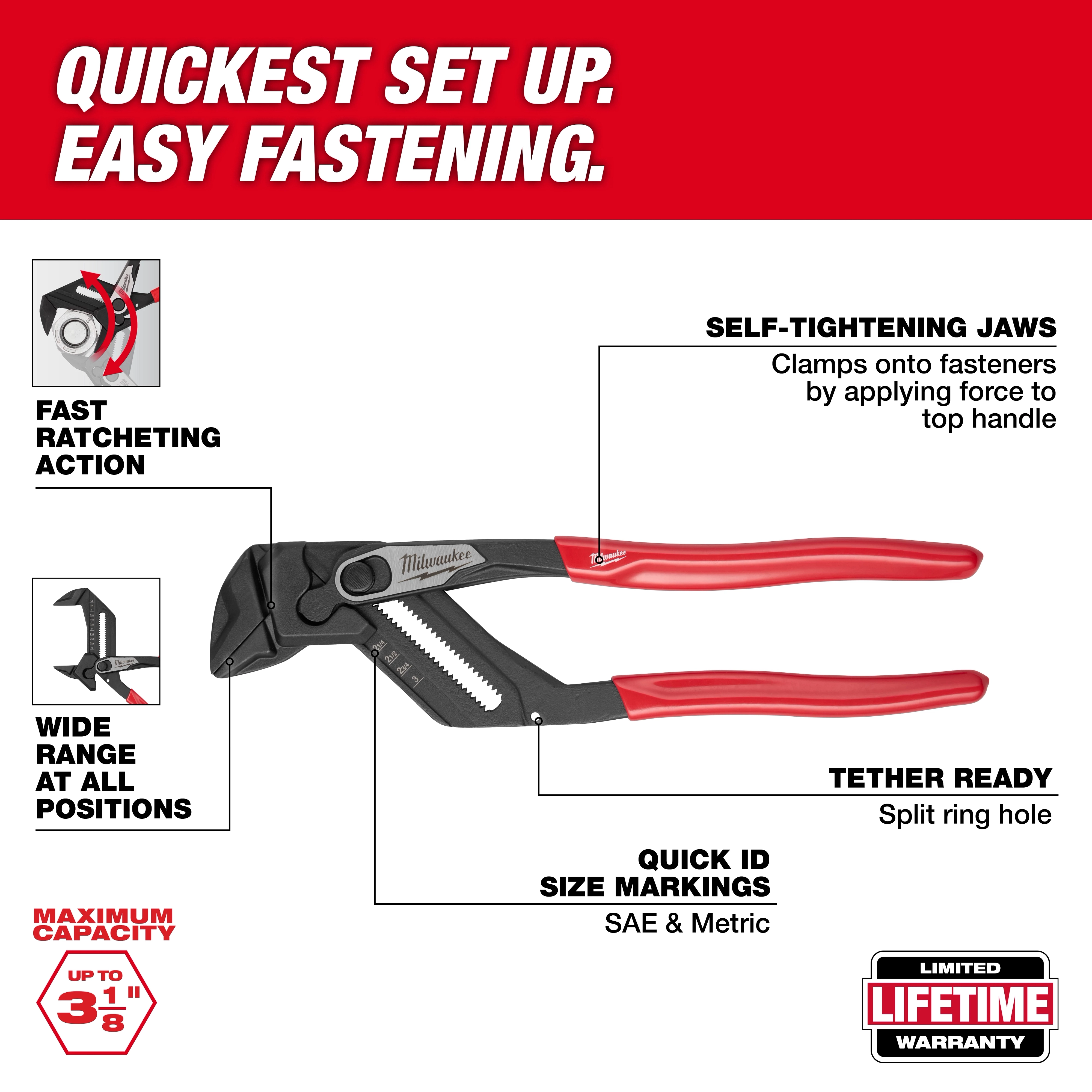 12" Pliers Wrench with red handles, self-tightening jaws, quick ID size markings, fast ratcheting action, and tether ready.
