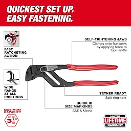 12" Pliers Wrench with red handles, self-tightening jaws, quick ID size markings, fast ratcheting action, and tether ready.