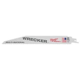 The WRECKER™ Multi-Material SAWZALL® Blade is 9 inches long with 7/11 teeth per inch. The pack includes five blades designed for cutting through various materials. Features include bold "WRECKER" text, a red logo, and an American flag graphic.